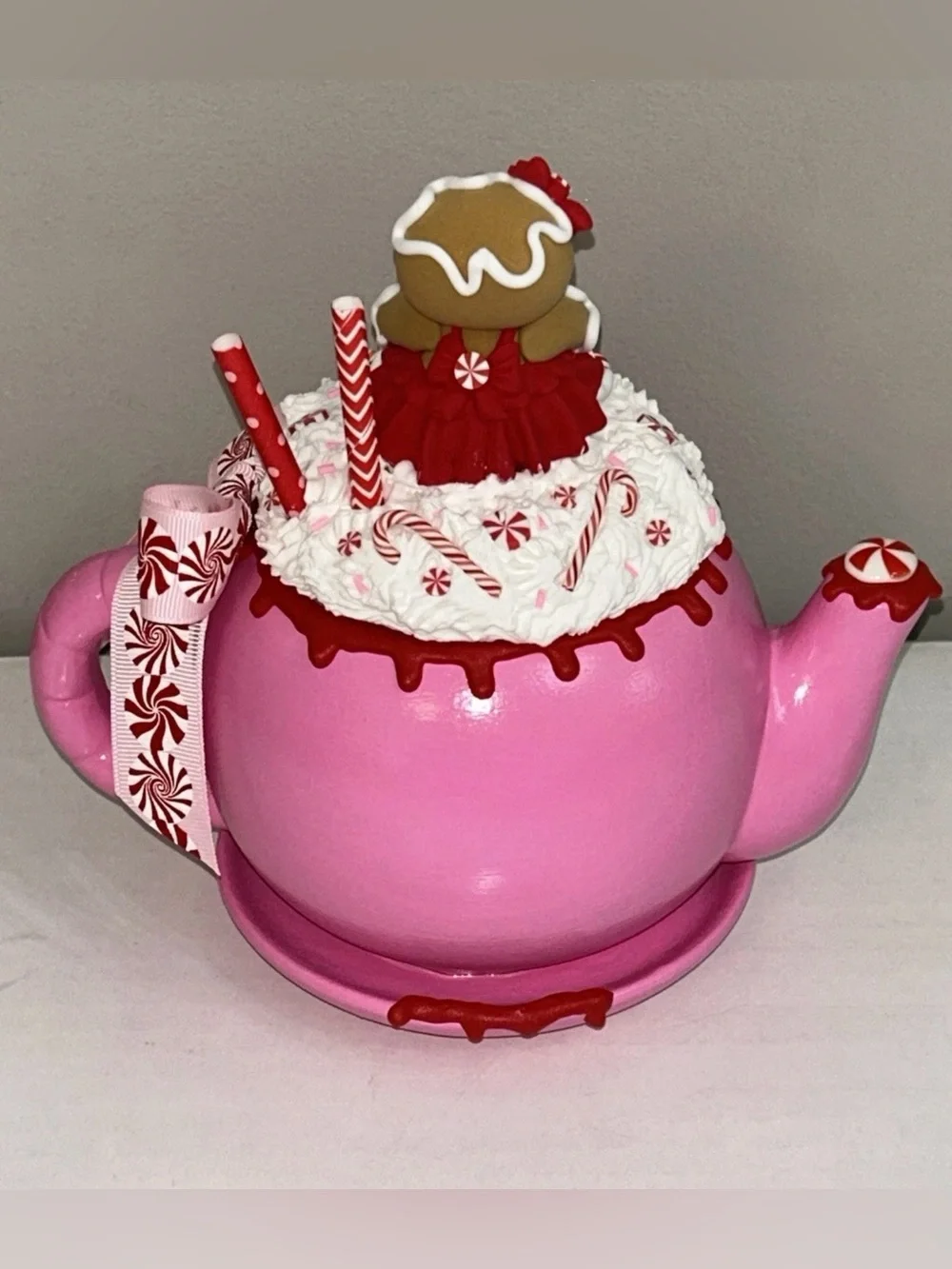 Peppermint Kisses Warm Winter Wishes Fake Gingerbread Dessert Teapot Handmade